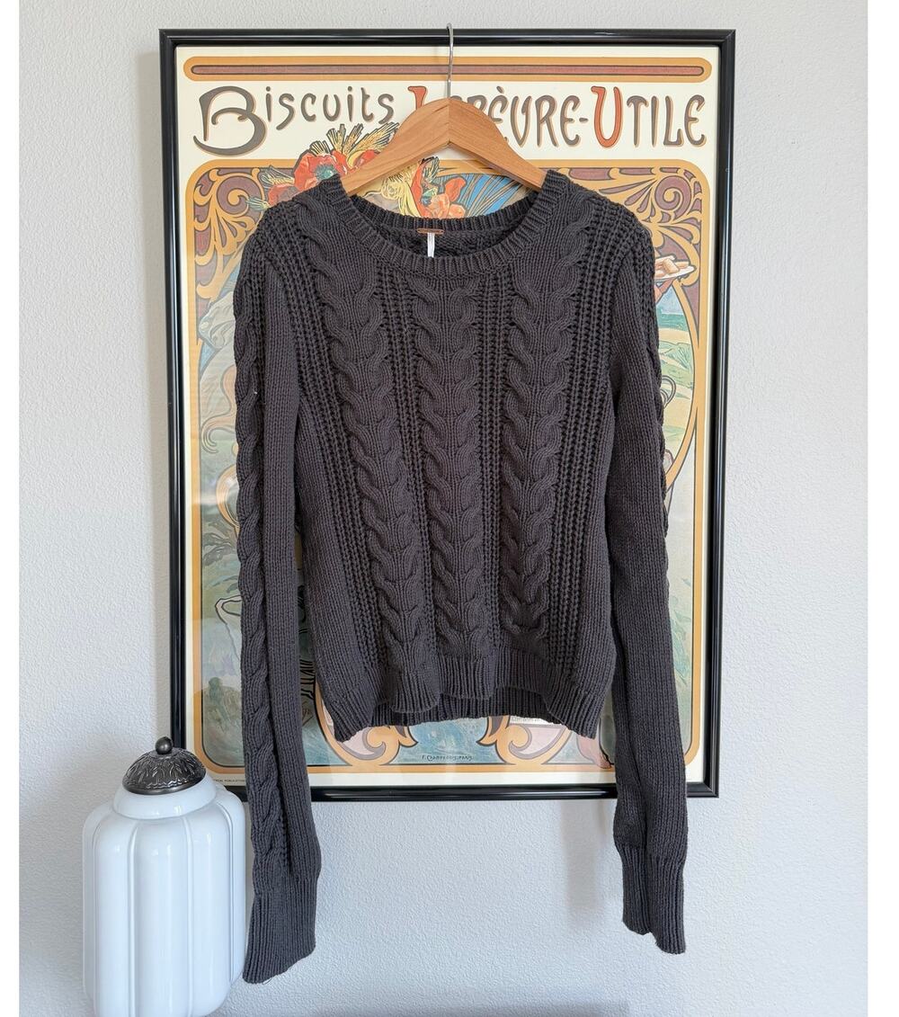 Free People Charcoal Grey Cable-Knit Crewneck Sweater - S/P